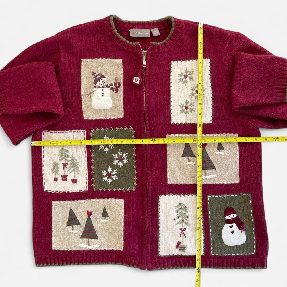 Croft & Barrow Burgundy Knit Embroidered Patchwork Snowman Winter Cardigan XL - Picture 5 of 8